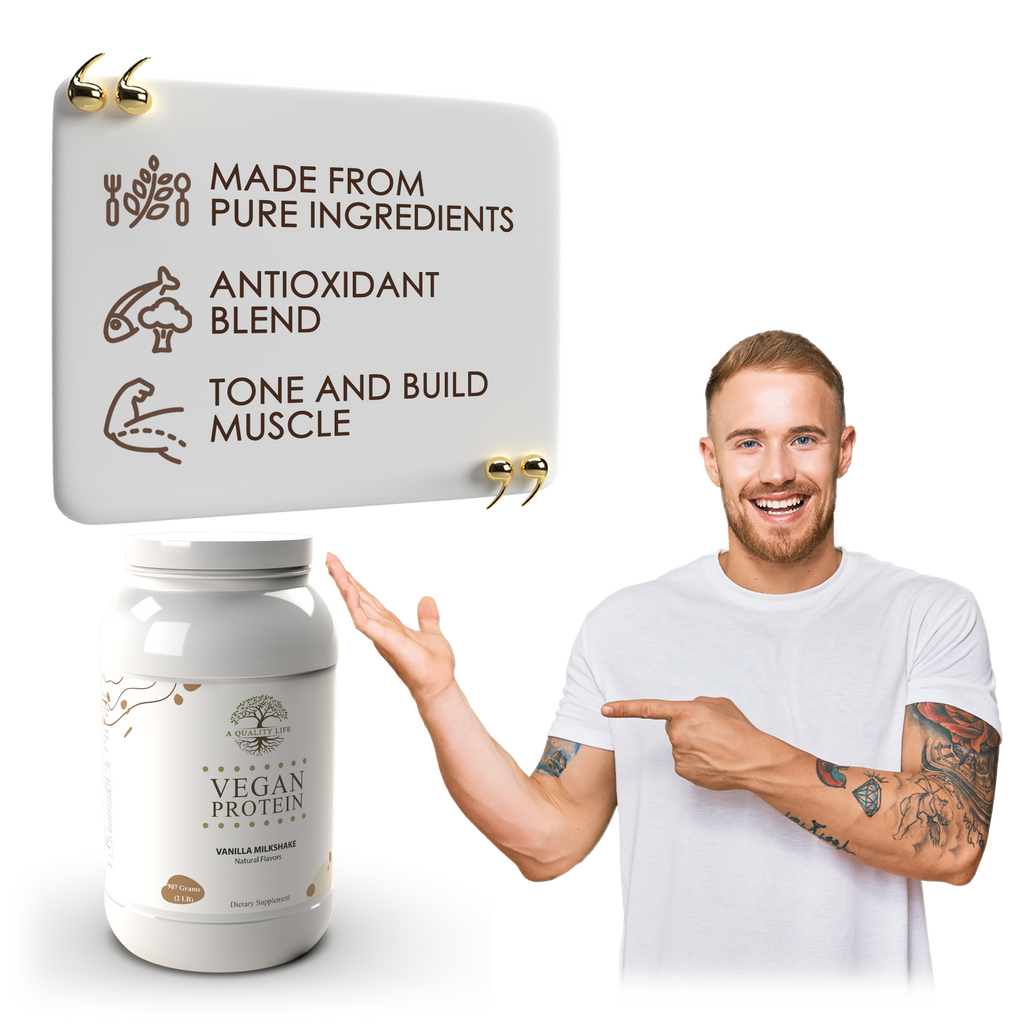 Man pointing to a vegan protein supplement with text about pure ingredients and benefits on a white background