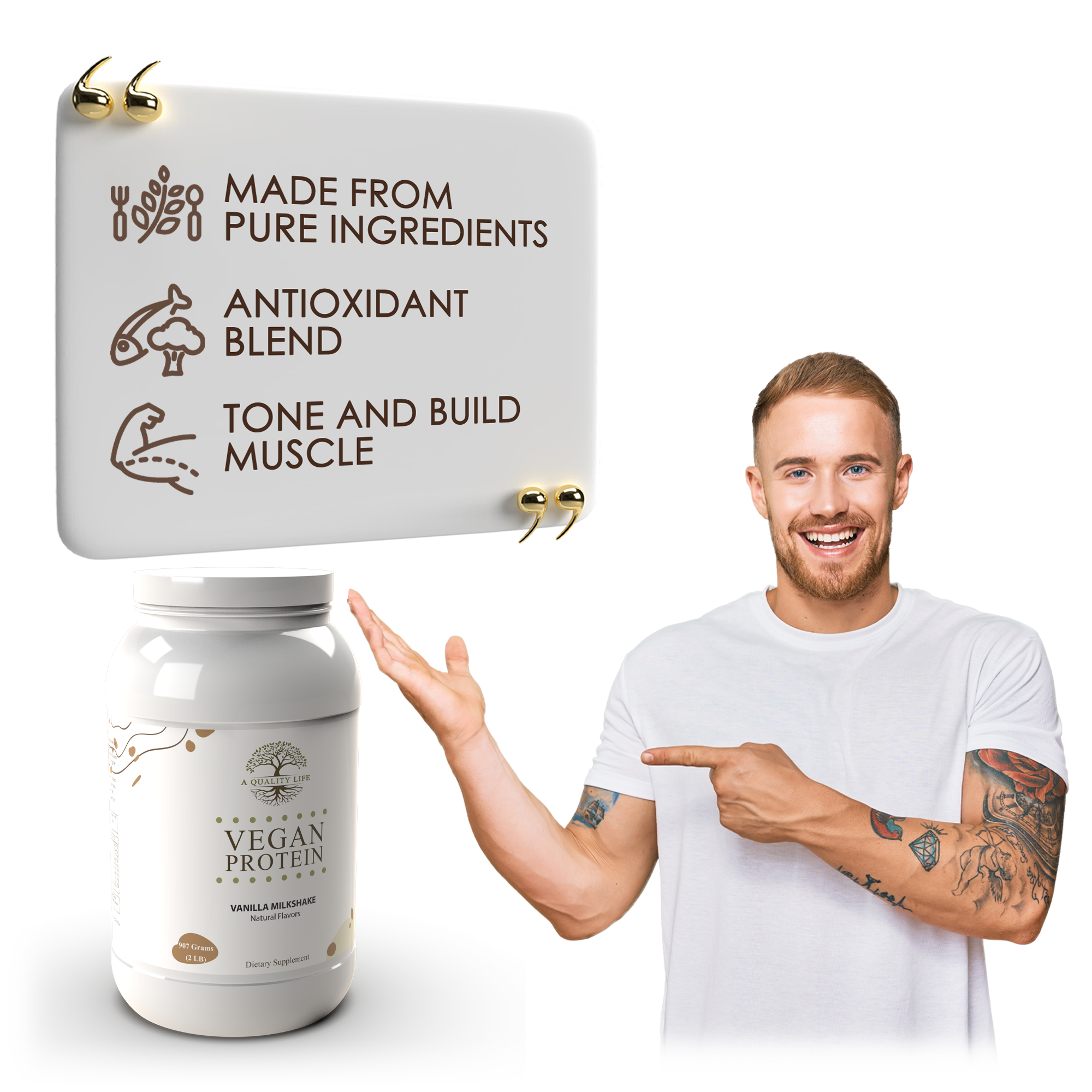 Man pointing to a vegan protein supplement with text about pure ingredients and benefits on a white background