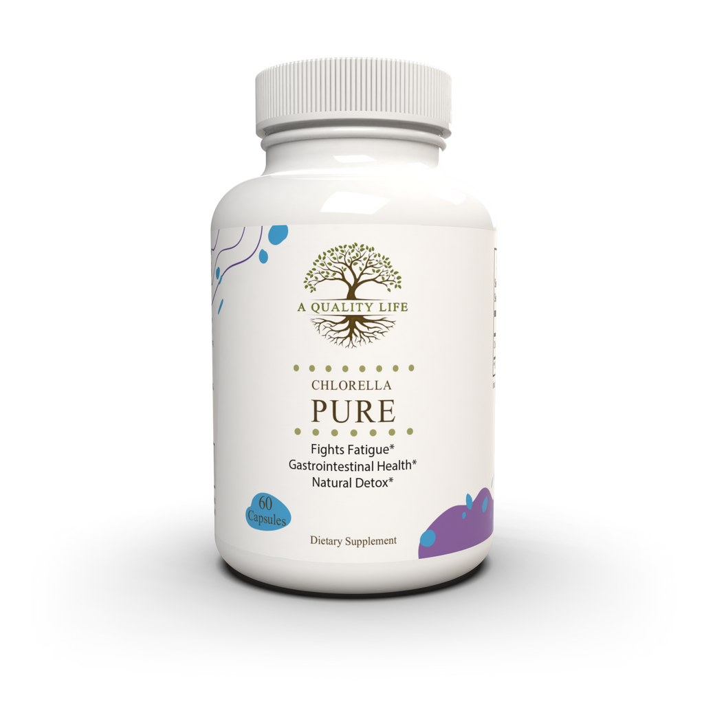 Supplement bottle labeled 'Chlorella Pure' by 'A Quality Life' on a white background