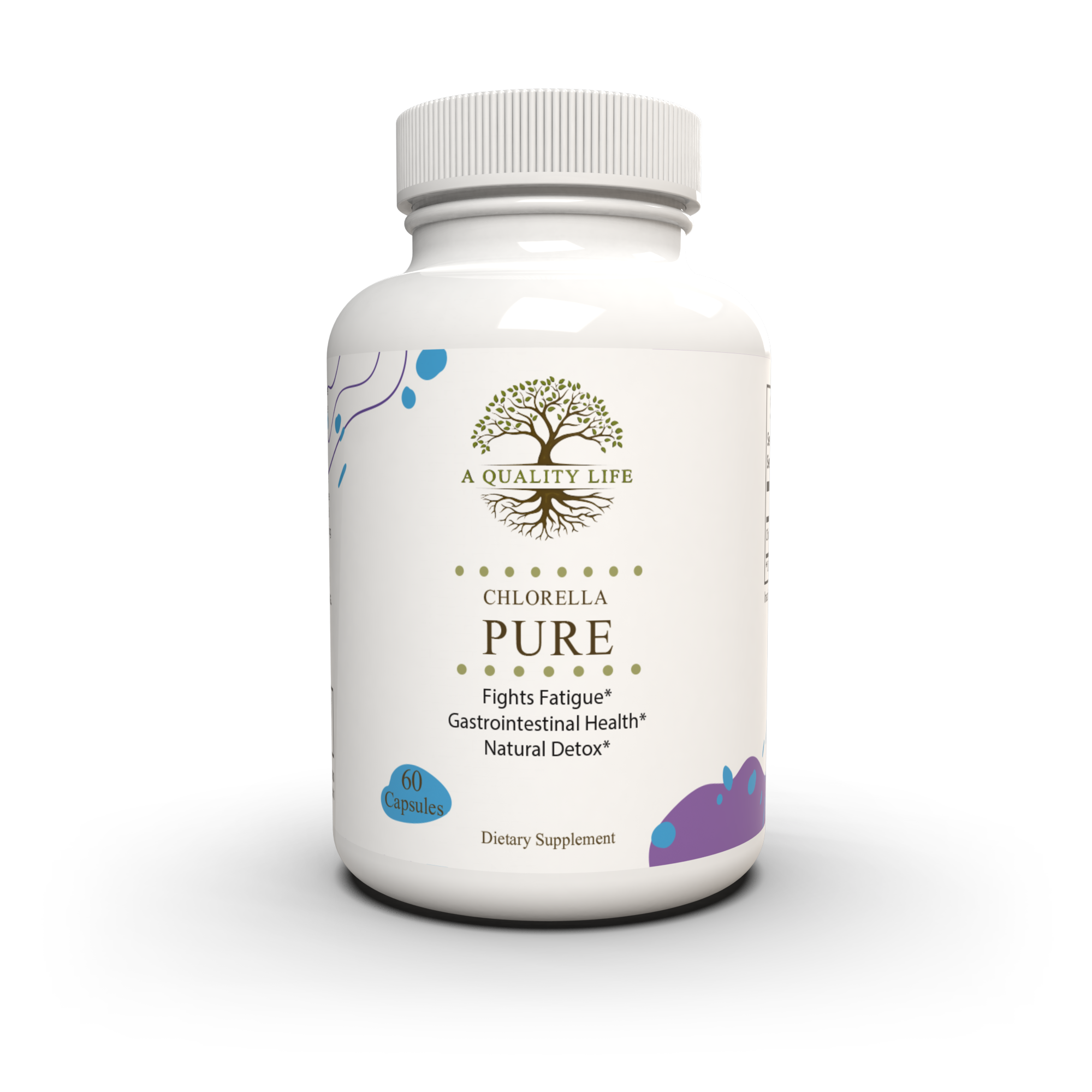 Supplement bottle labeled 'Chlorella Pure' by 'A Quality Life' on a white background