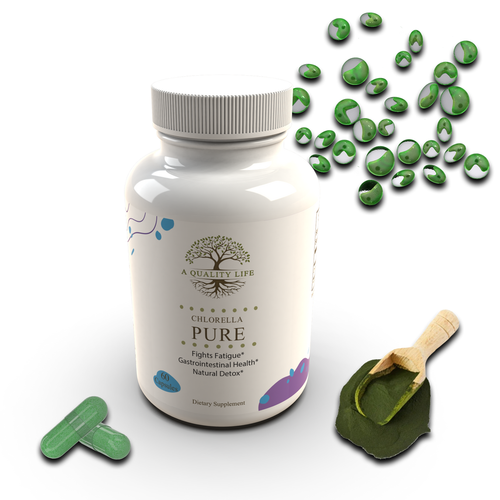 Bottle of Chlorophyll Pure supplement with green capsules and a scoop on a white background