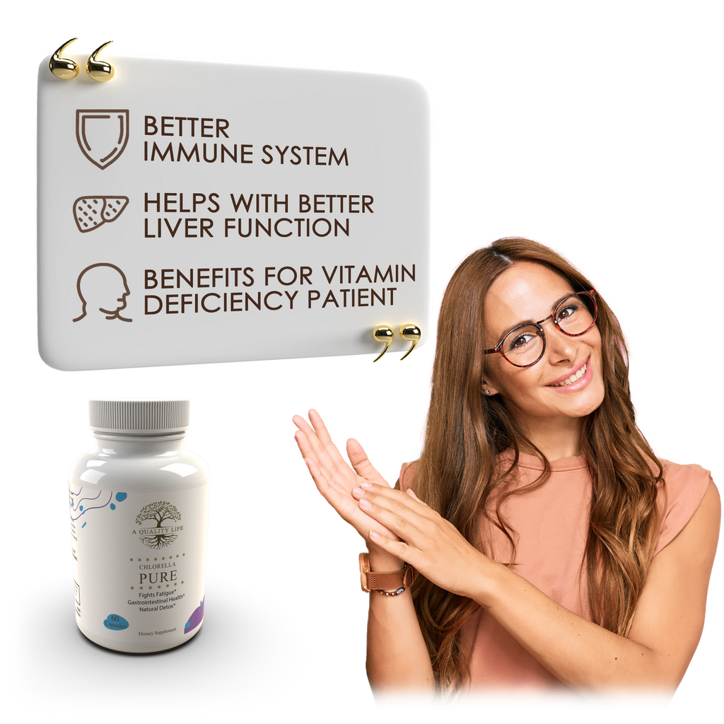 Woman with a bottle of supplements and text about immune system and liver function benefits on a white background