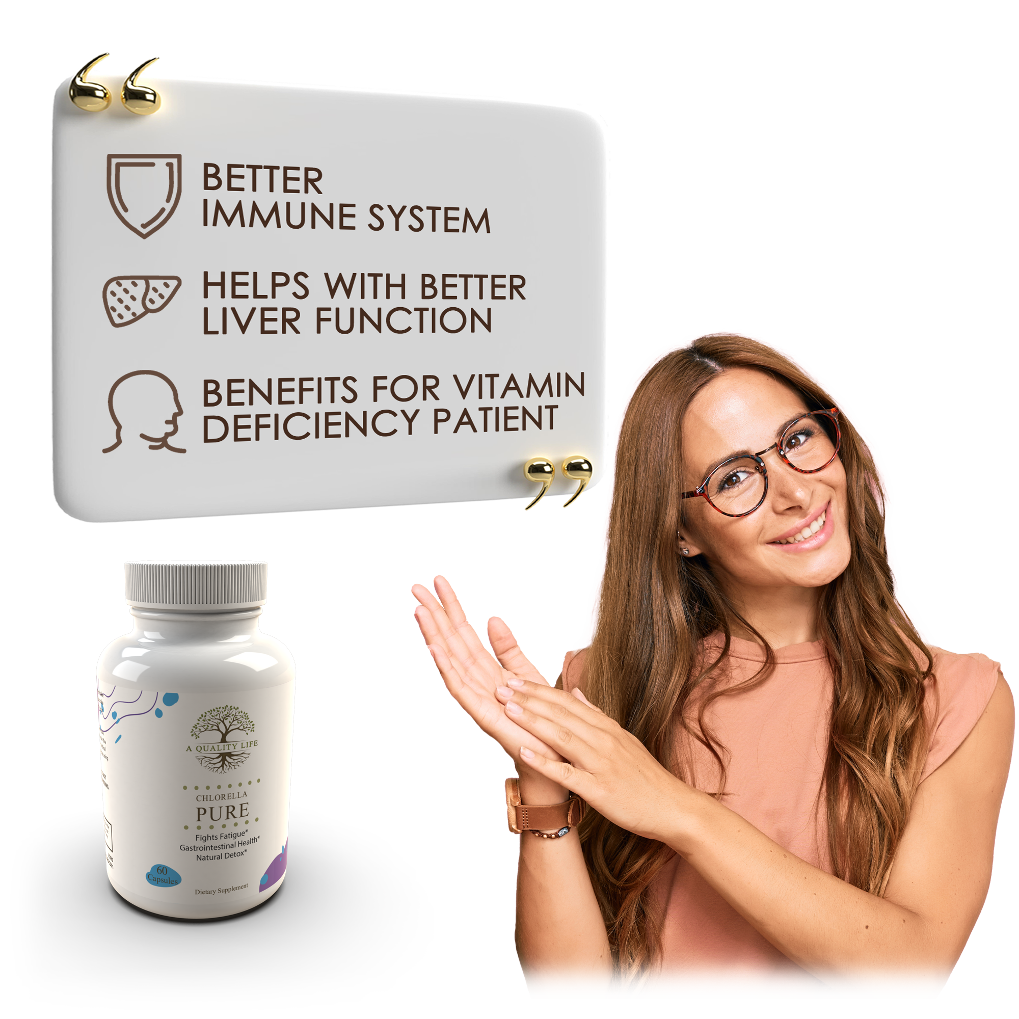 Woman with a bottle of supplements and text about immune system and liver function benefits on a white background