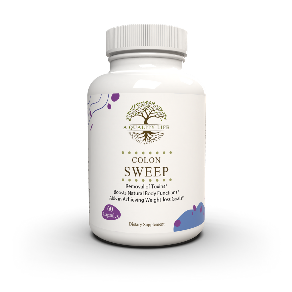 Supplement bottle labeled 'Colon Sweep' by 'A Quality Life' on a white background