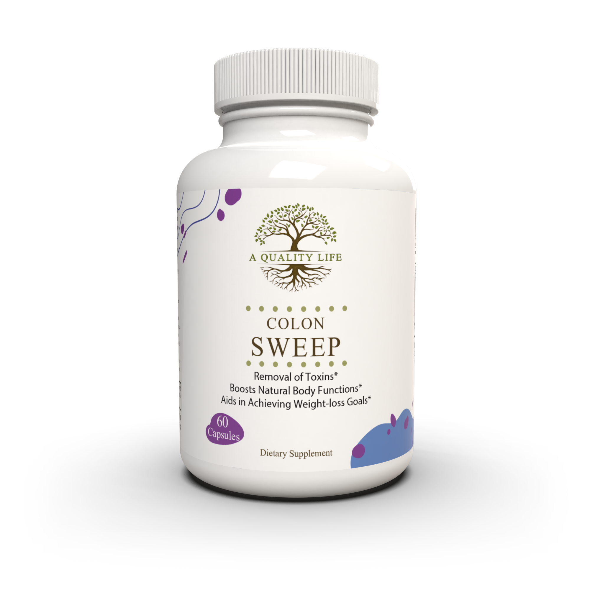 Supplement bottle labeled 'Colon Sweep' by 'A Quality Life' on a white background
