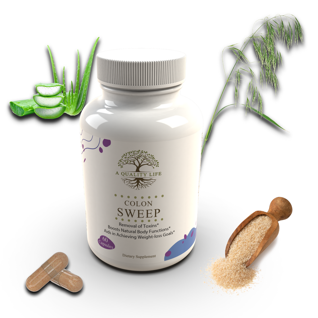 Supplement bottle labeled 'Colon Sweep' with aloe vera, wooden scoop, and tablets on a white background