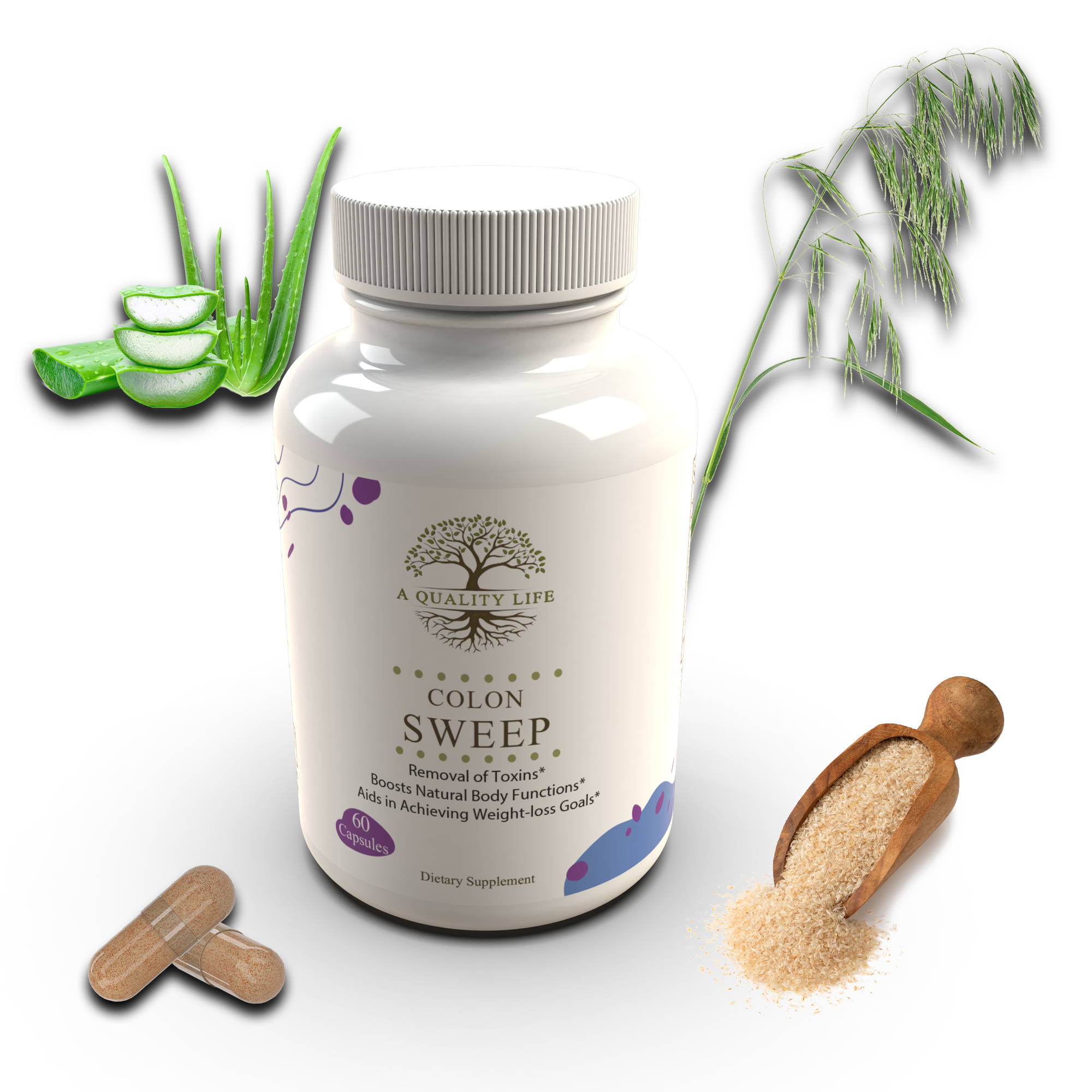 Supplement bottle labeled 'Colon Sweep' with aloe vera, wooden scoop, and tablets on a white background