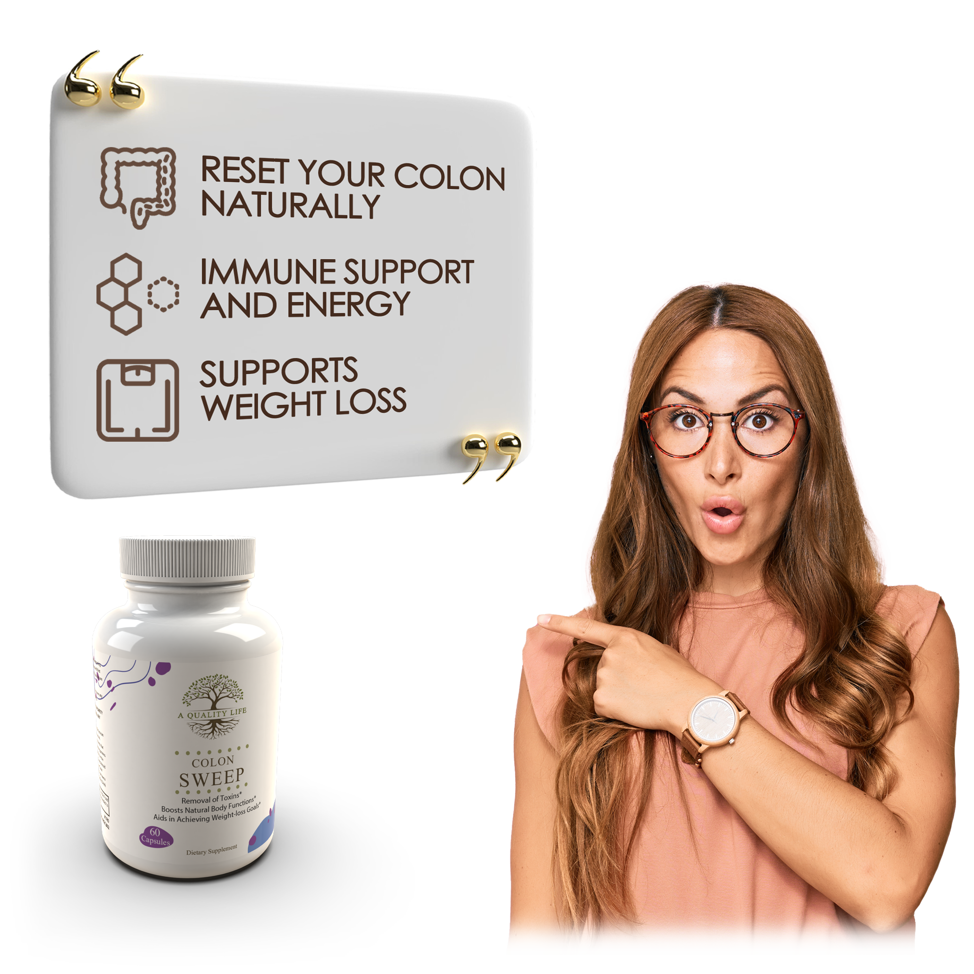Woman with long hair and glasses next to a supplement bottle and promotional sign about health benefits.