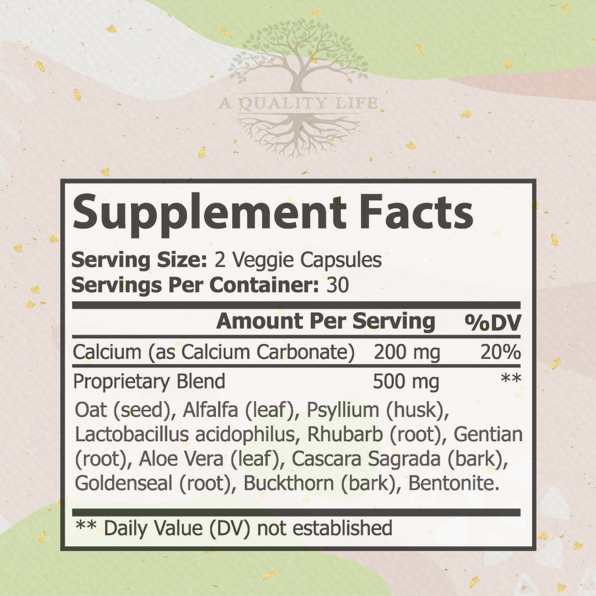 Supplement facts label with a tree logo on a light background