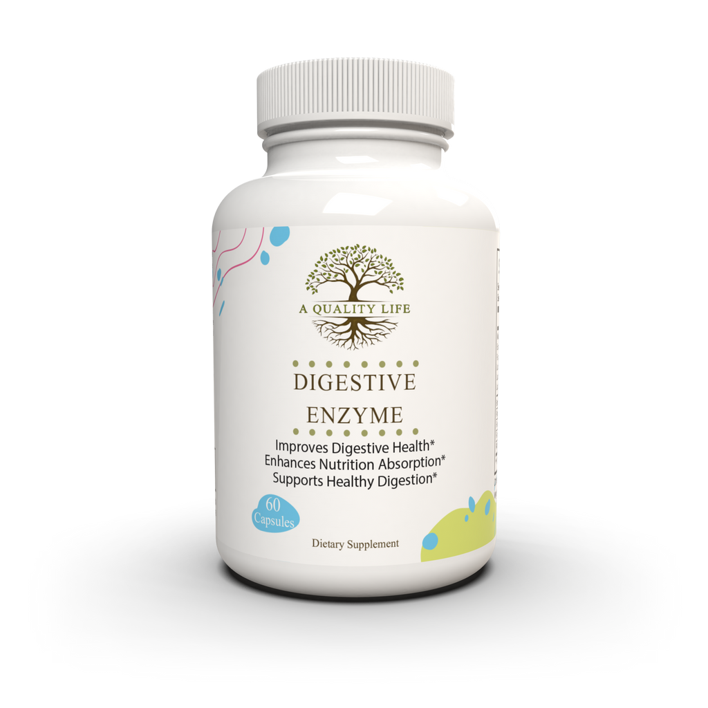 Supplement bottle labeled 'Digestive Enzyme' from 'A Quality Life' on a white background