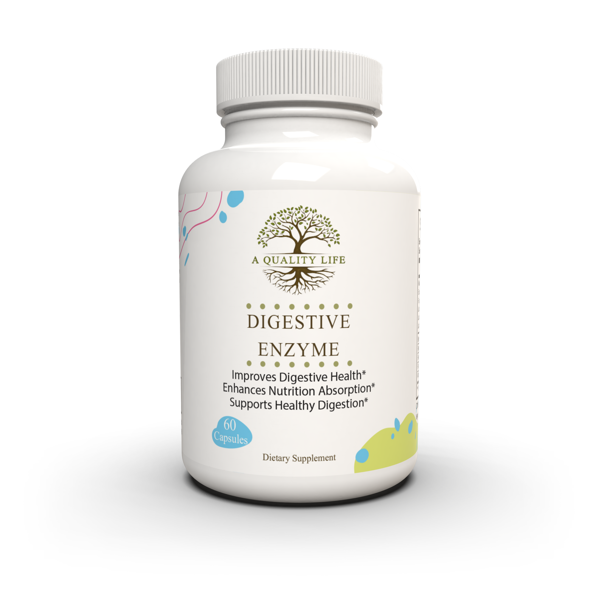 Supplement bottle labeled 'Digestive Enzyme' from 'A Quality Life' on a white background