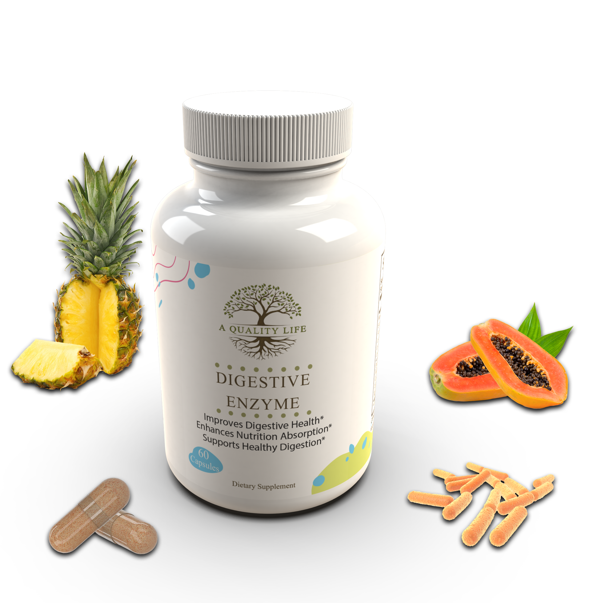 Bottle of Digestive Enzyme supplement with pineapple, papaya, and ginger on a white background