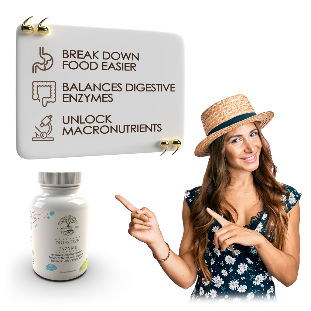 Woman pointing to a supplement bottle with text about digestive enzymes on a white background