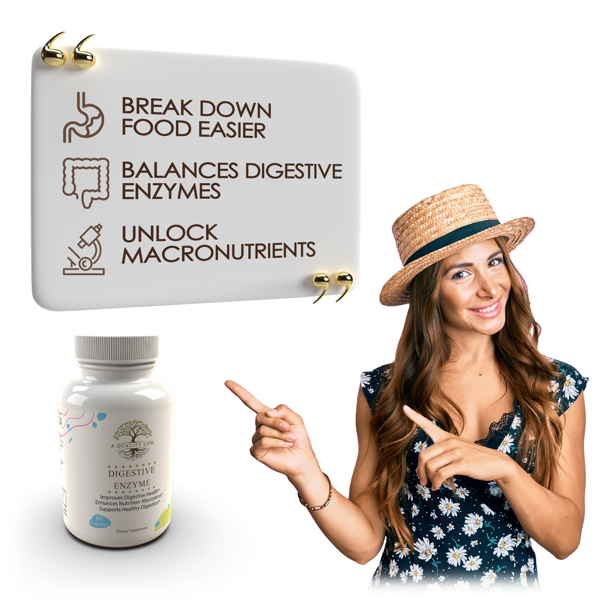 Woman pointing to a supplement bottle with text about digestive enzymes on a white background