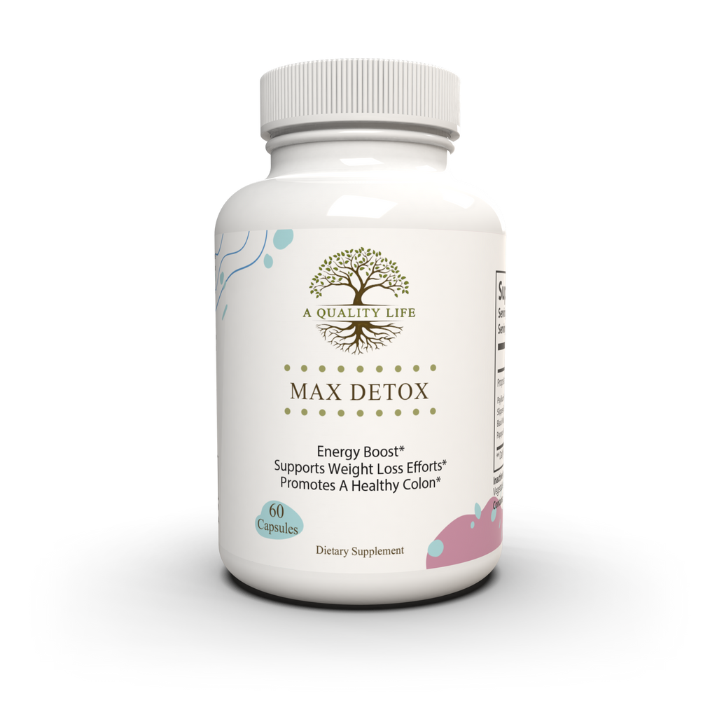 Supplement bottle labeled 'Max Detox' by 'A Quality Life' on a white background