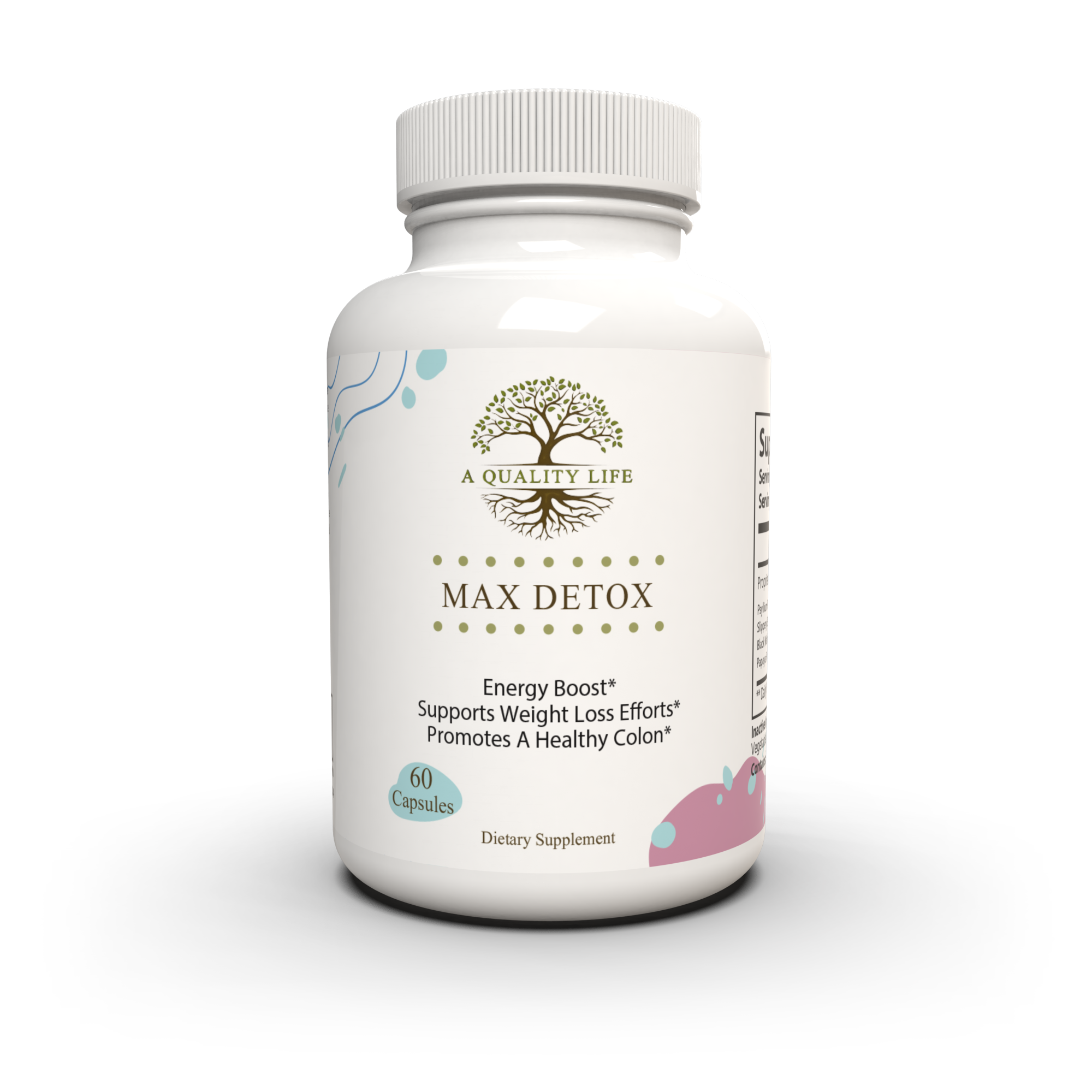 Supplement bottle labeled 'Max Detox' by 'A Quality Life' on a white background