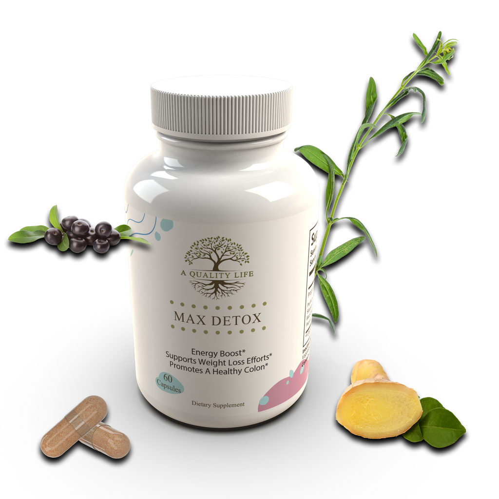 Supplement bottle labeled 'Max Detox' with natural elements on a white background
