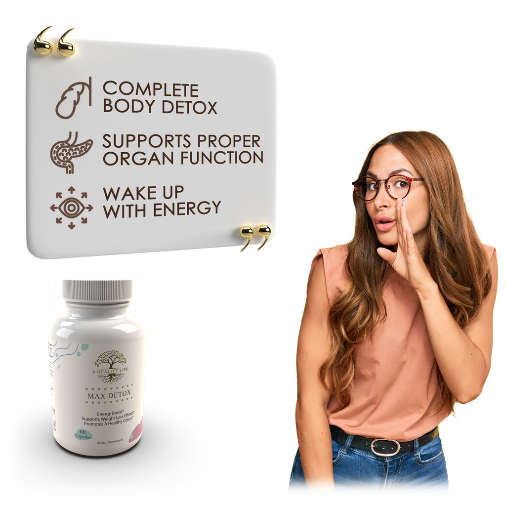 Woman with a surprised expression next to a 'Complete Body Detox' sign and supplement bottle on a white background