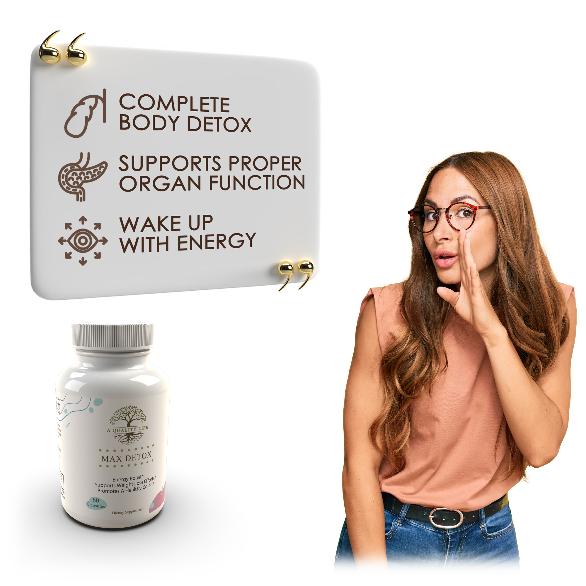 Woman with a surprised expression next to a 'Complete Body Detox' sign and supplement bottle on a white background