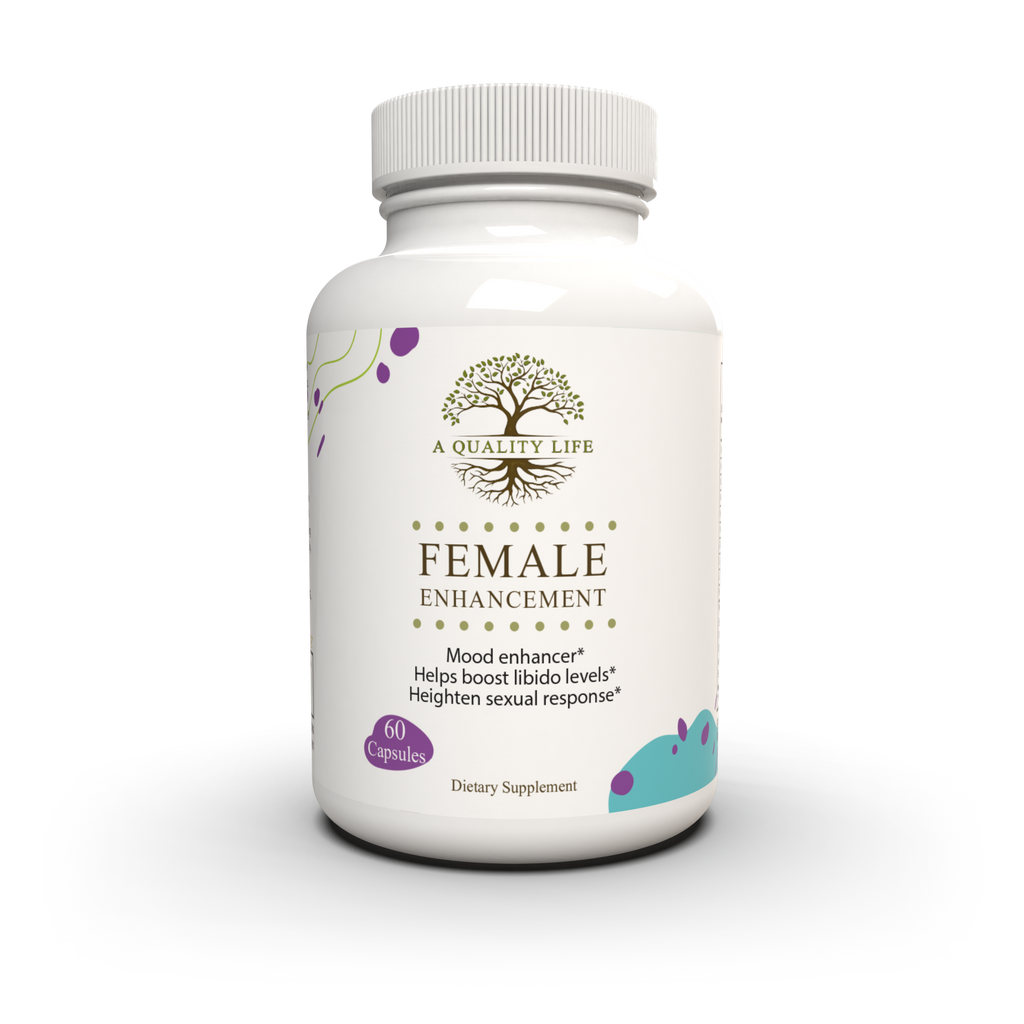 Supplement bottle labeled 'Female Enhancement' by 'A Quality Life' on a white background
