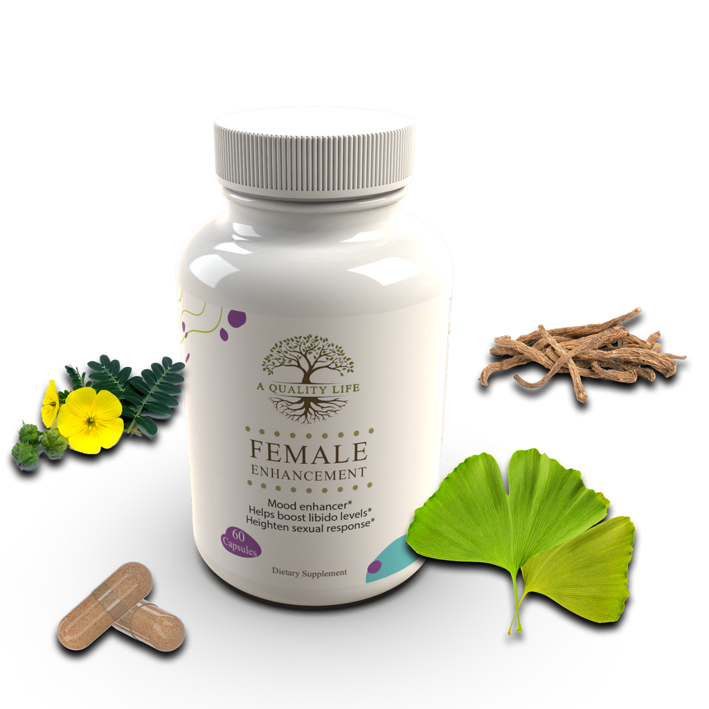 Supplement bottle labeled 'Female Enhancement' with natural elements on a white background