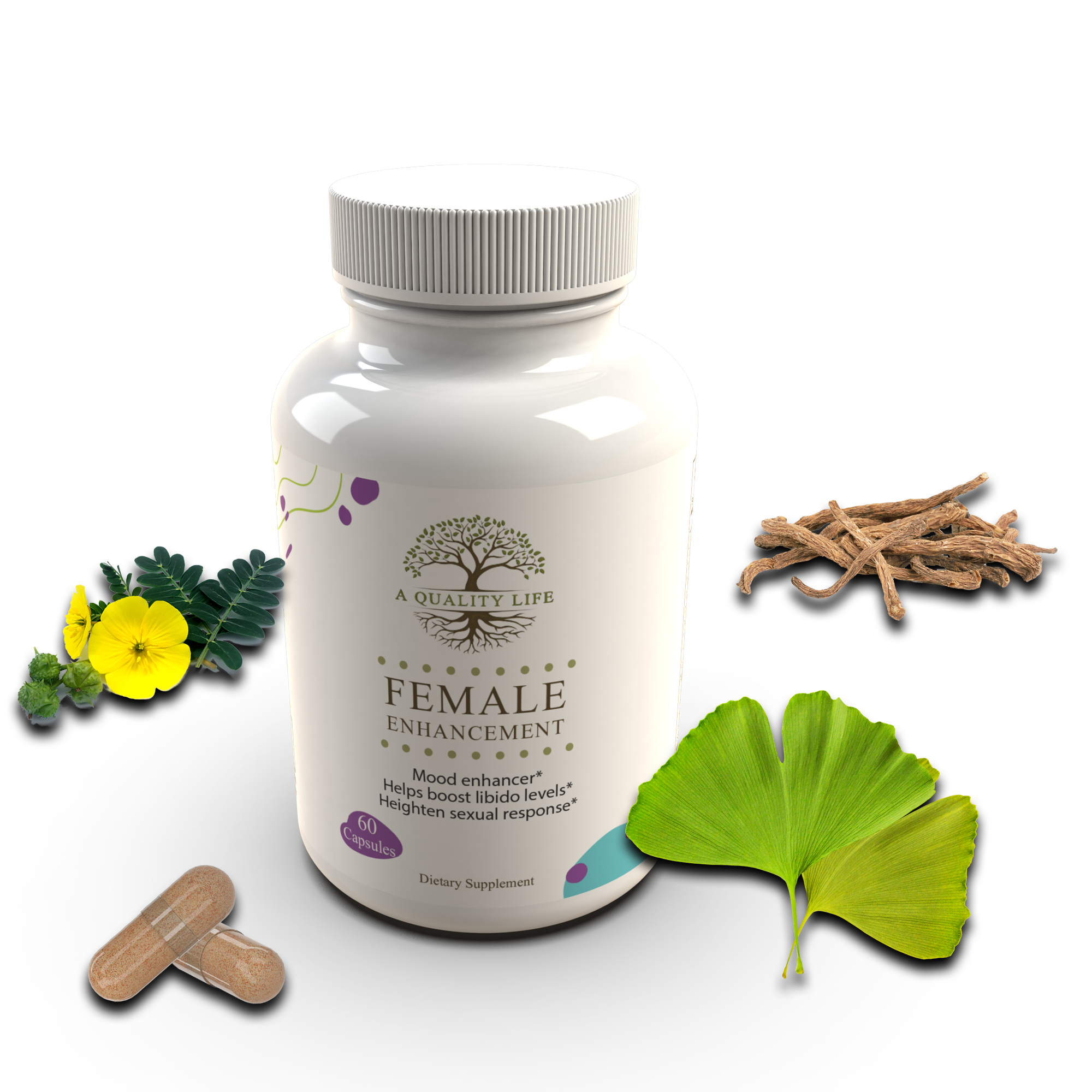 Supplement bottle labeled 'Female Enhancement' with natural elements on a white background