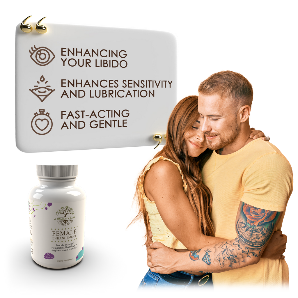 Couple embracing with product and text overlay on a white background