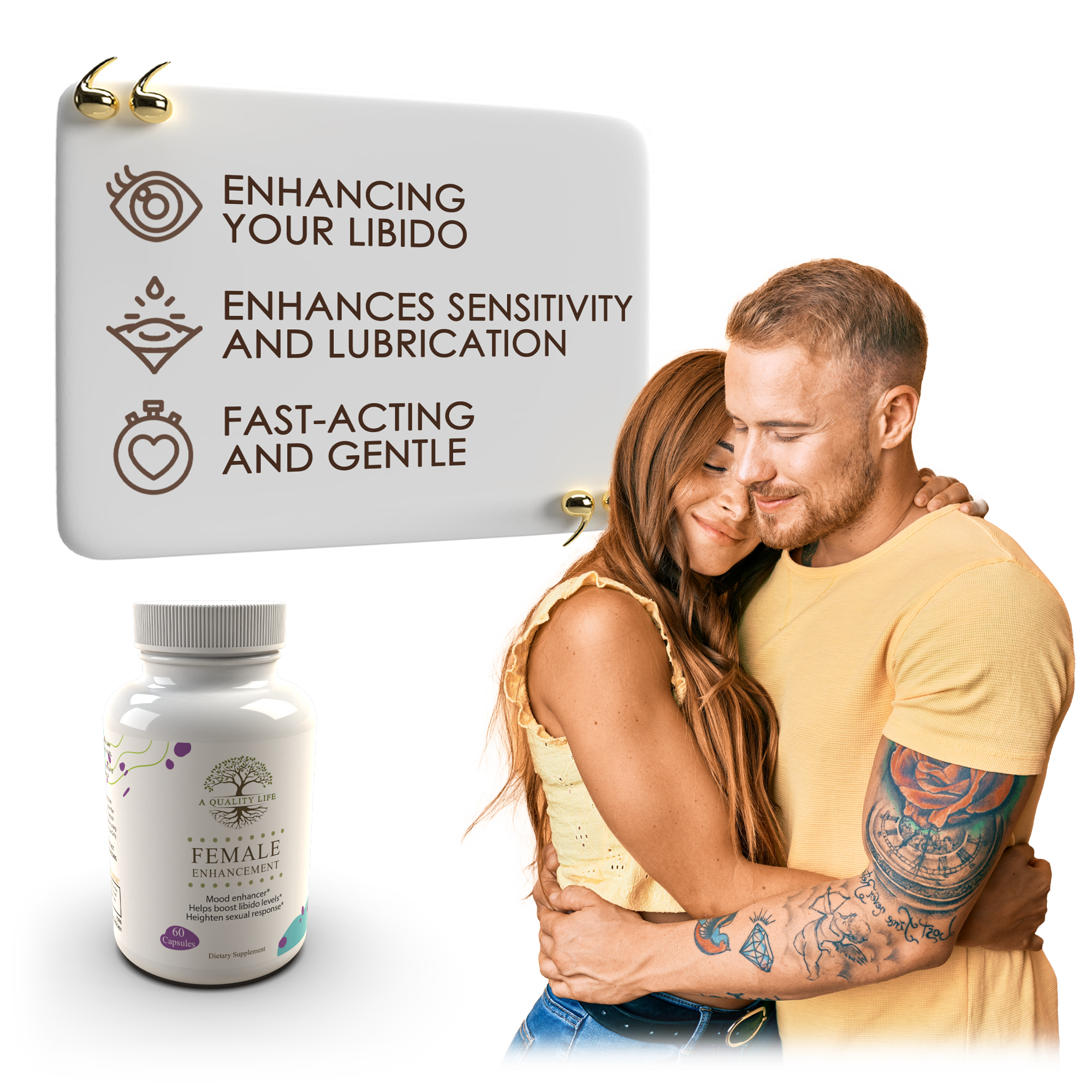 Couple embracing with product and text overlay on a white background