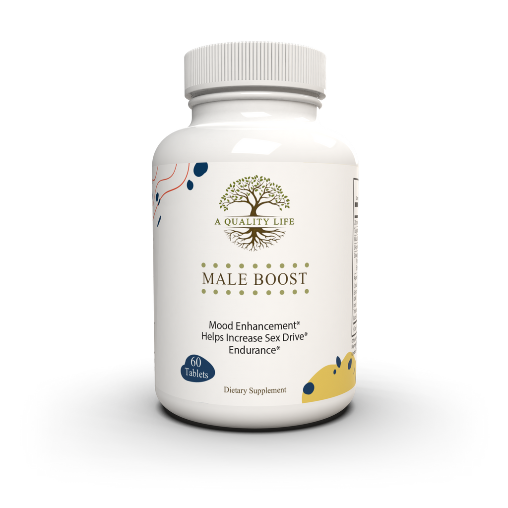 Supplement bottle labeled 'Male Boost' by 'A Quality Life' on a white background