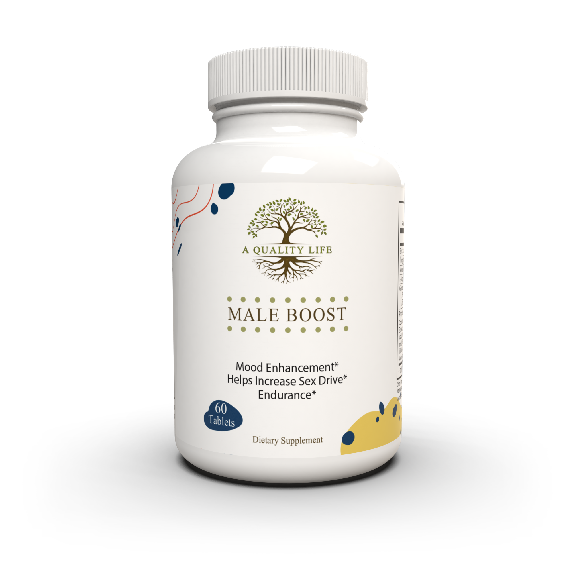 Supplement bottle labeled 'Male Boost' by 'A Quality Life' on a white background