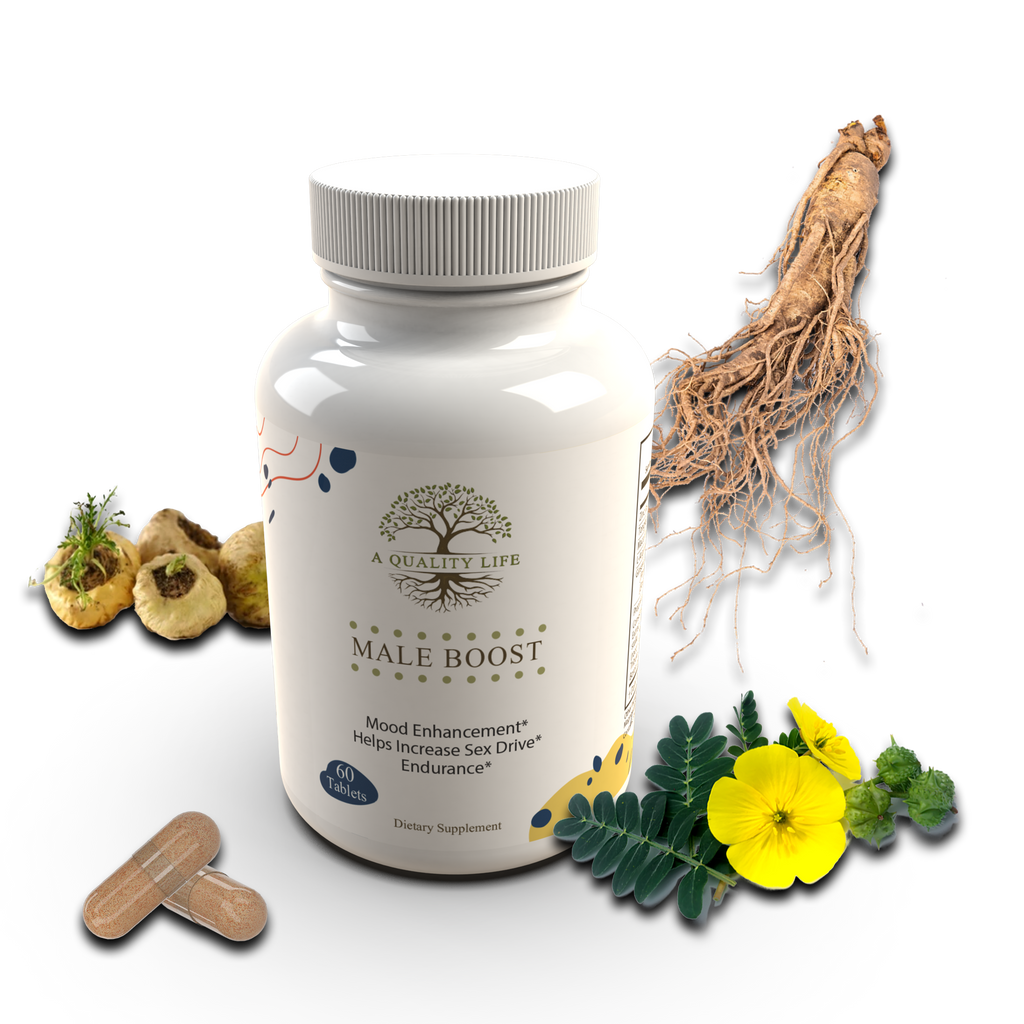 Supplement bottle labeled 'Male Boost' with natural elements on a white background