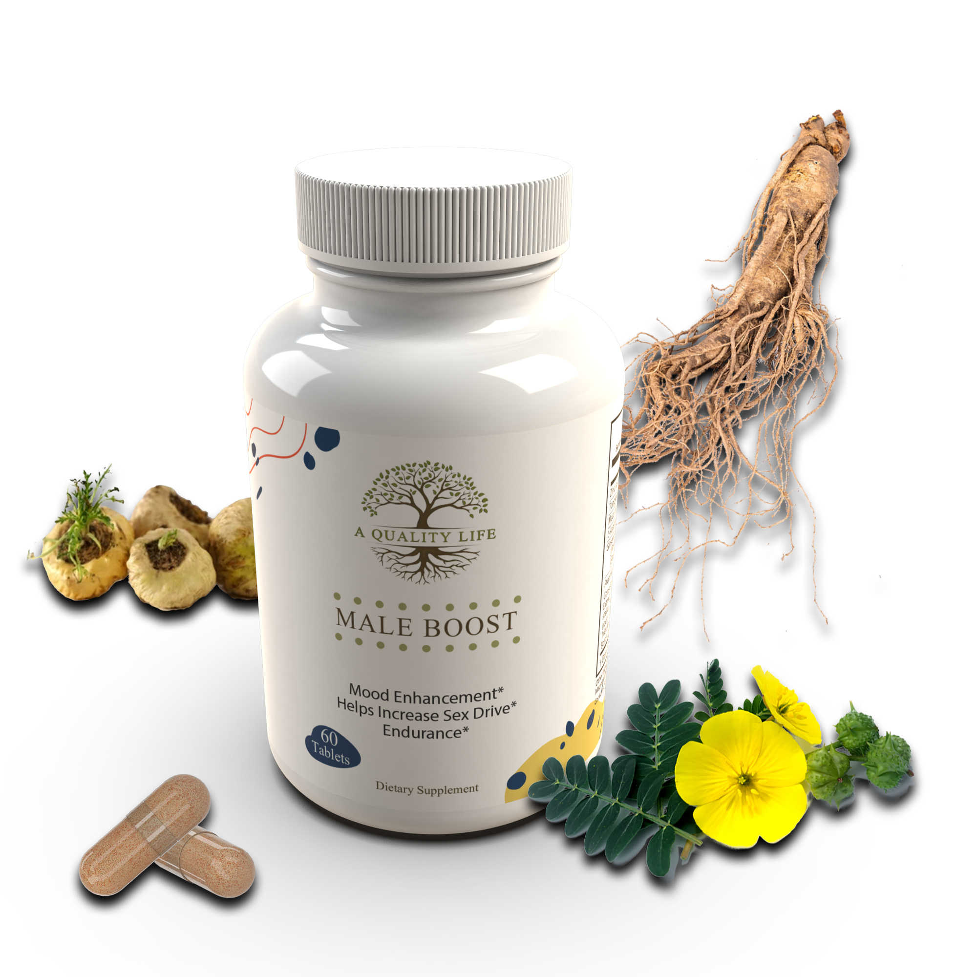 Supplement bottle labeled 'Male Boost' with natural elements on a white background