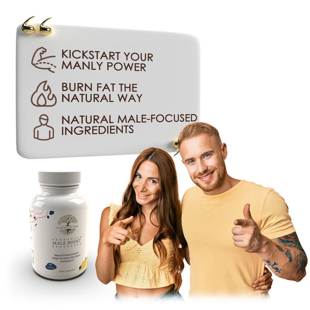 Product packaging with text and a couple posing with a supplement bottle.
