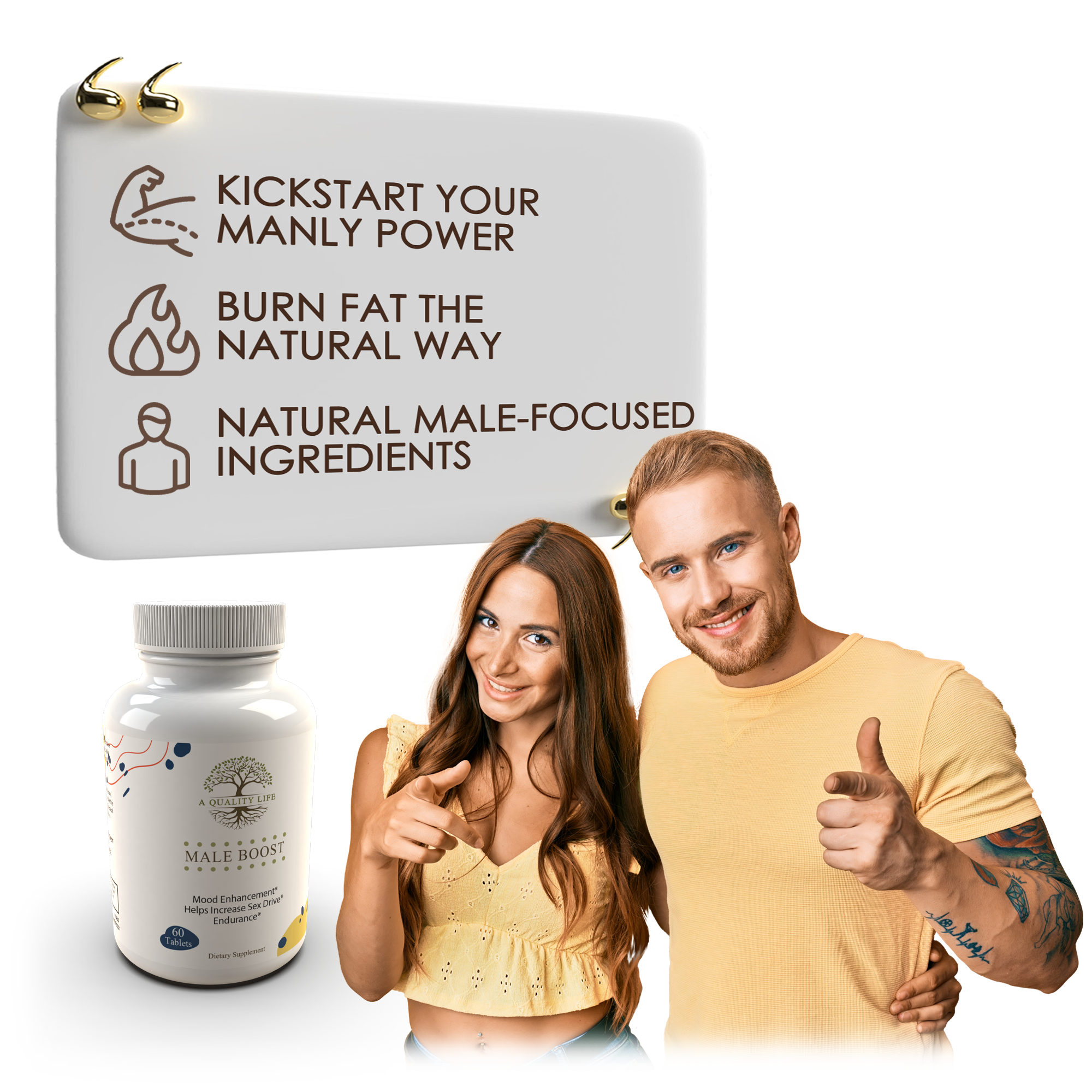 Product packaging with text and a couple posing with a supplement bottle.