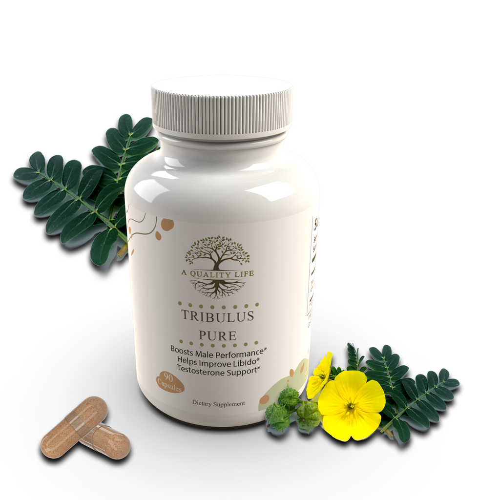 Tribulus supplement bottle with leaves and a flower on a white background