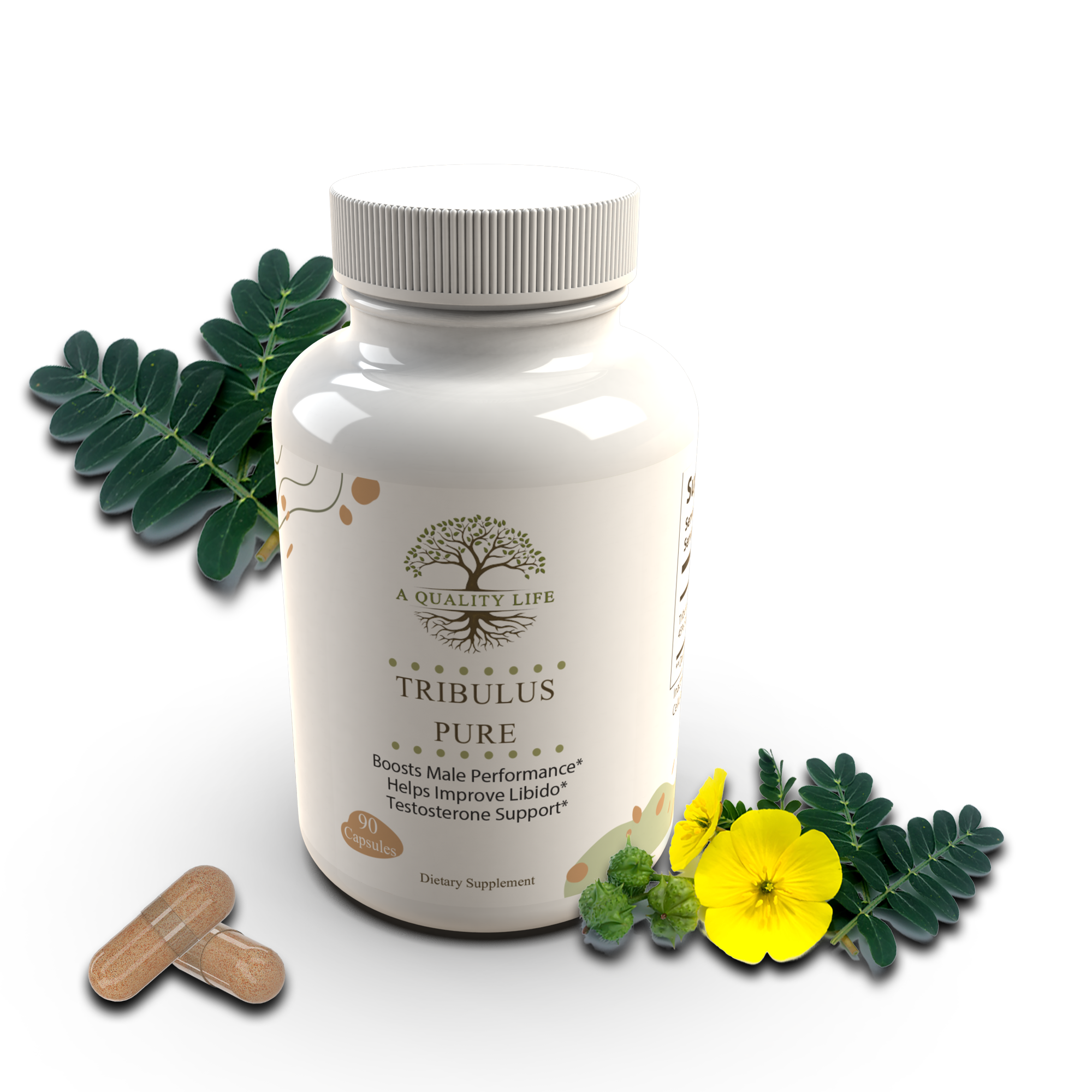Tribulus supplement bottle with leaves and a flower on a white background