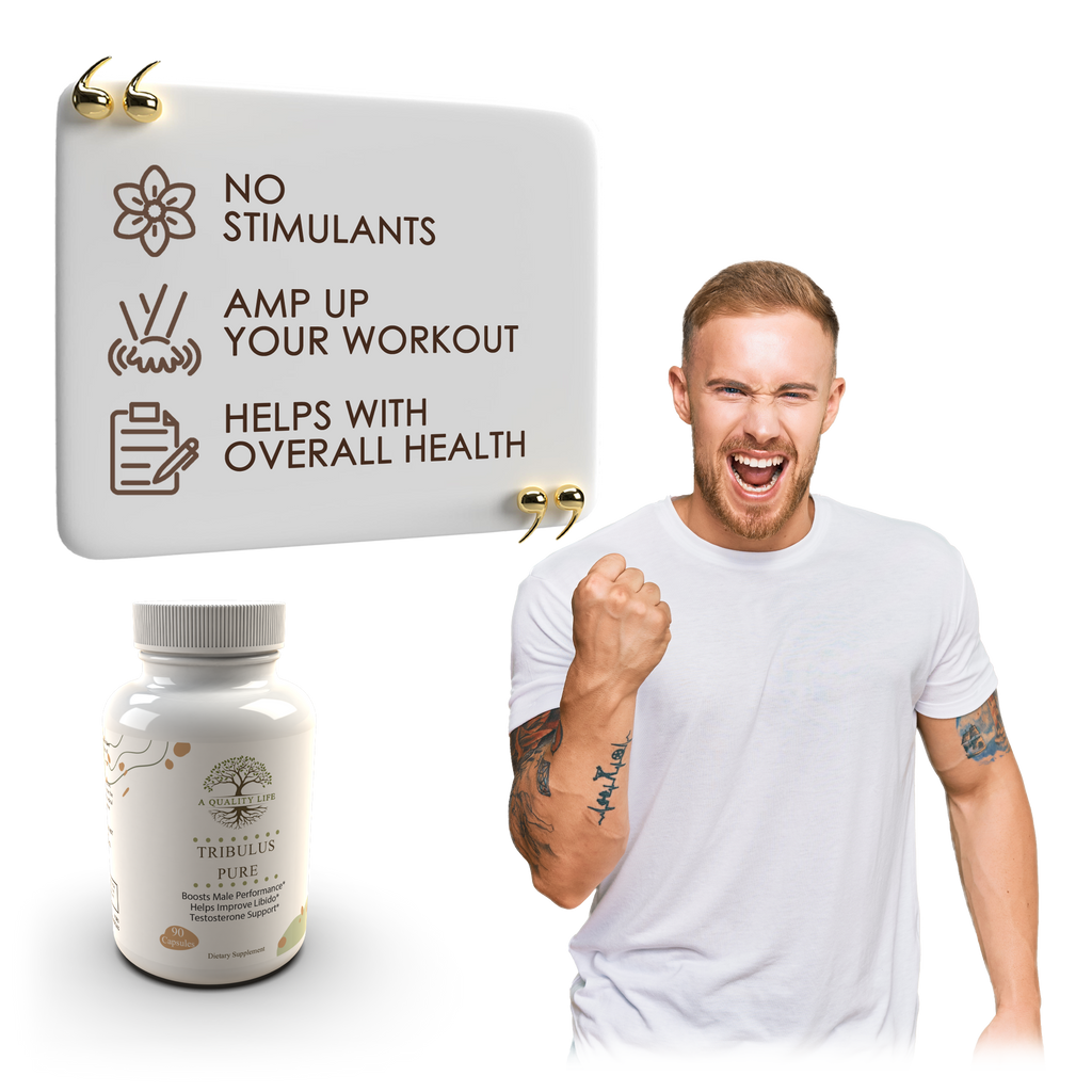 Man with a fist pump next to a supplement bottle and packaging with health benefits text.