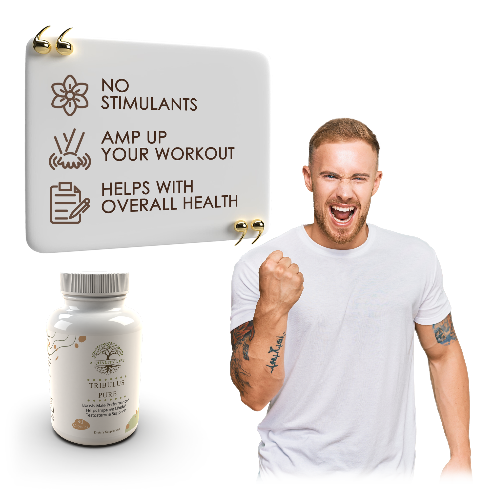 Man with a fist pump next to a supplement bottle and packaging with health benefits text.