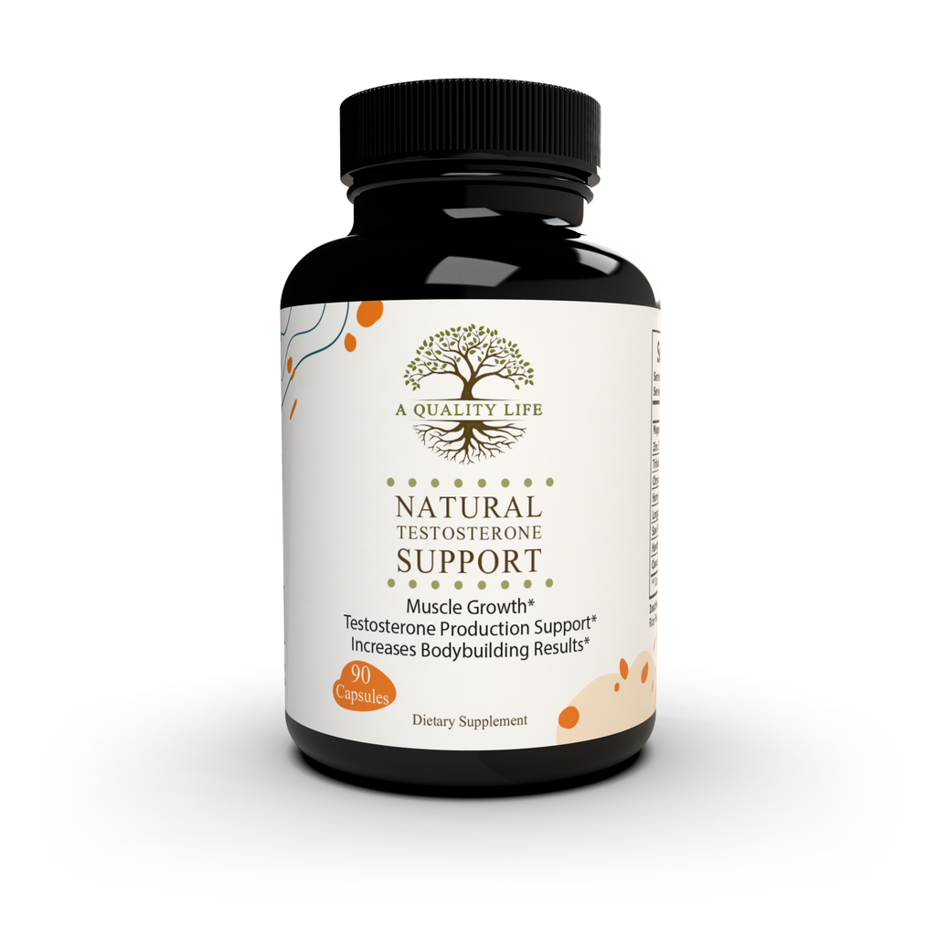 Supplement bottle labeled 'Natural Testosterone Support' on a white background