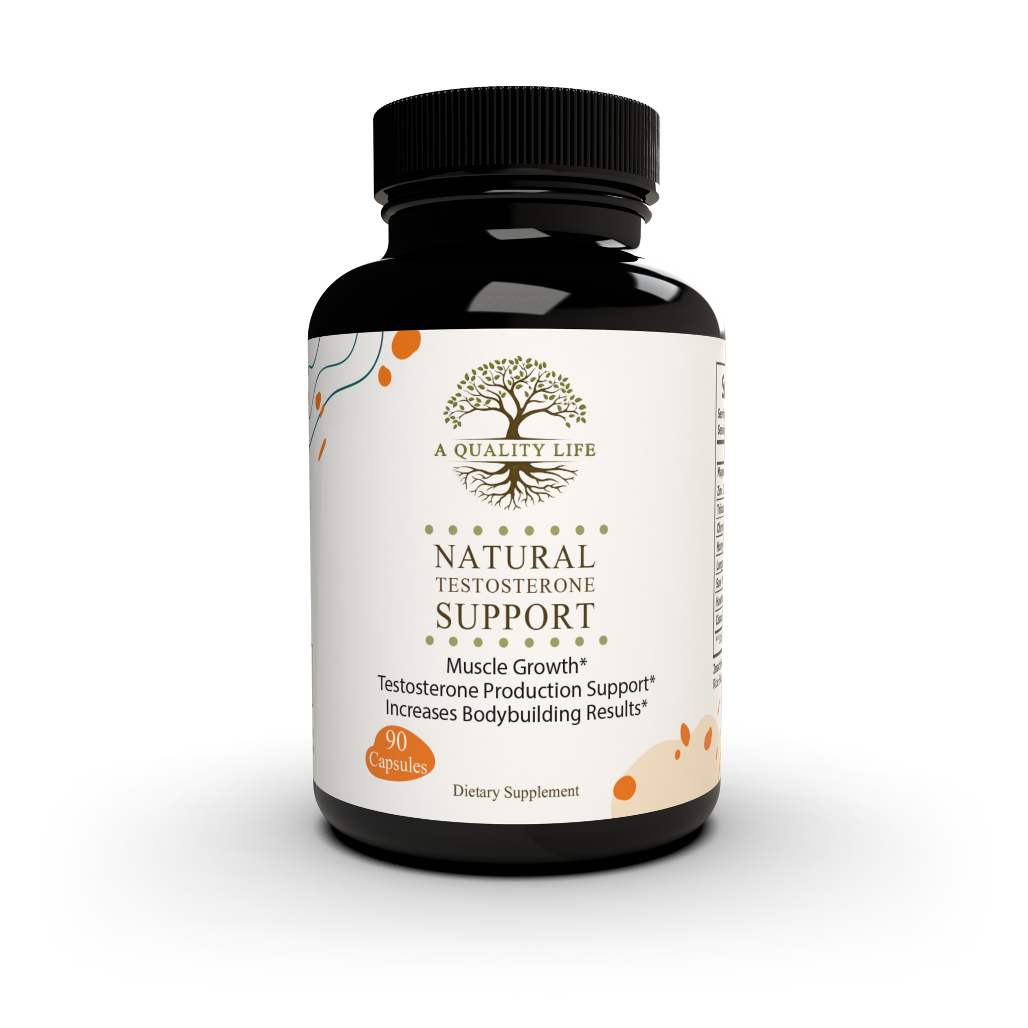 Supplement bottle labeled 'Natural Testosterone Support' on a white background