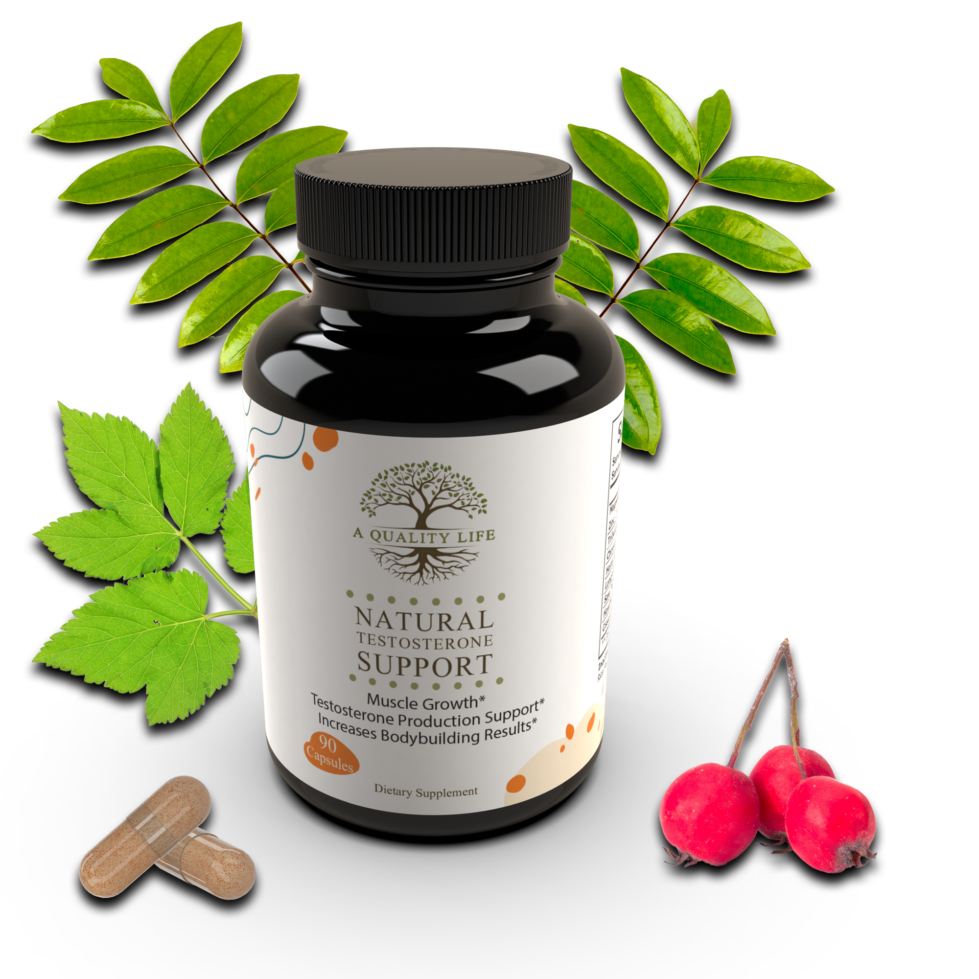 Supplement bottle labeled 'Natural Testosterone Support' with leaves and berries on a white background