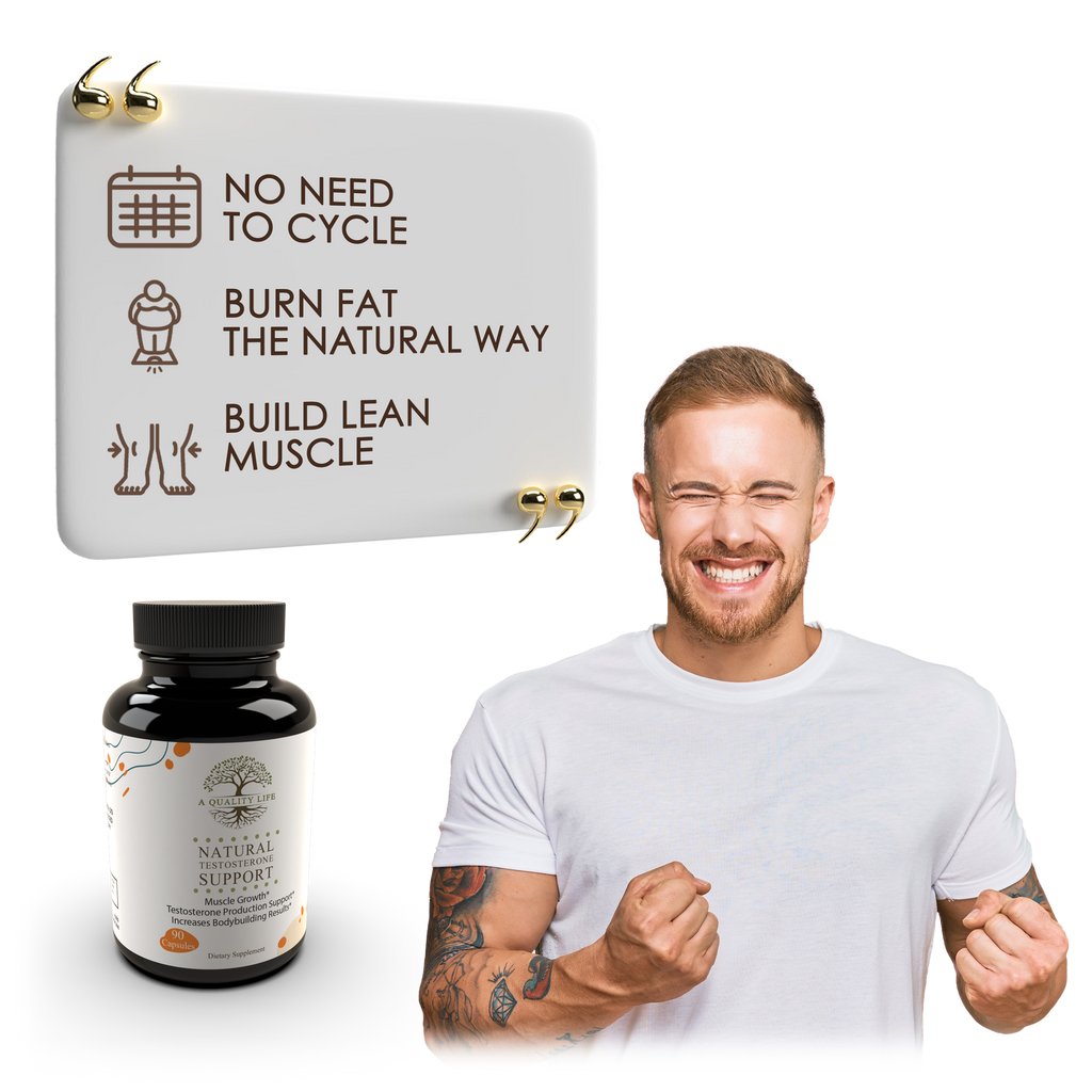 Product packaging with text and a man celebrating on a white background