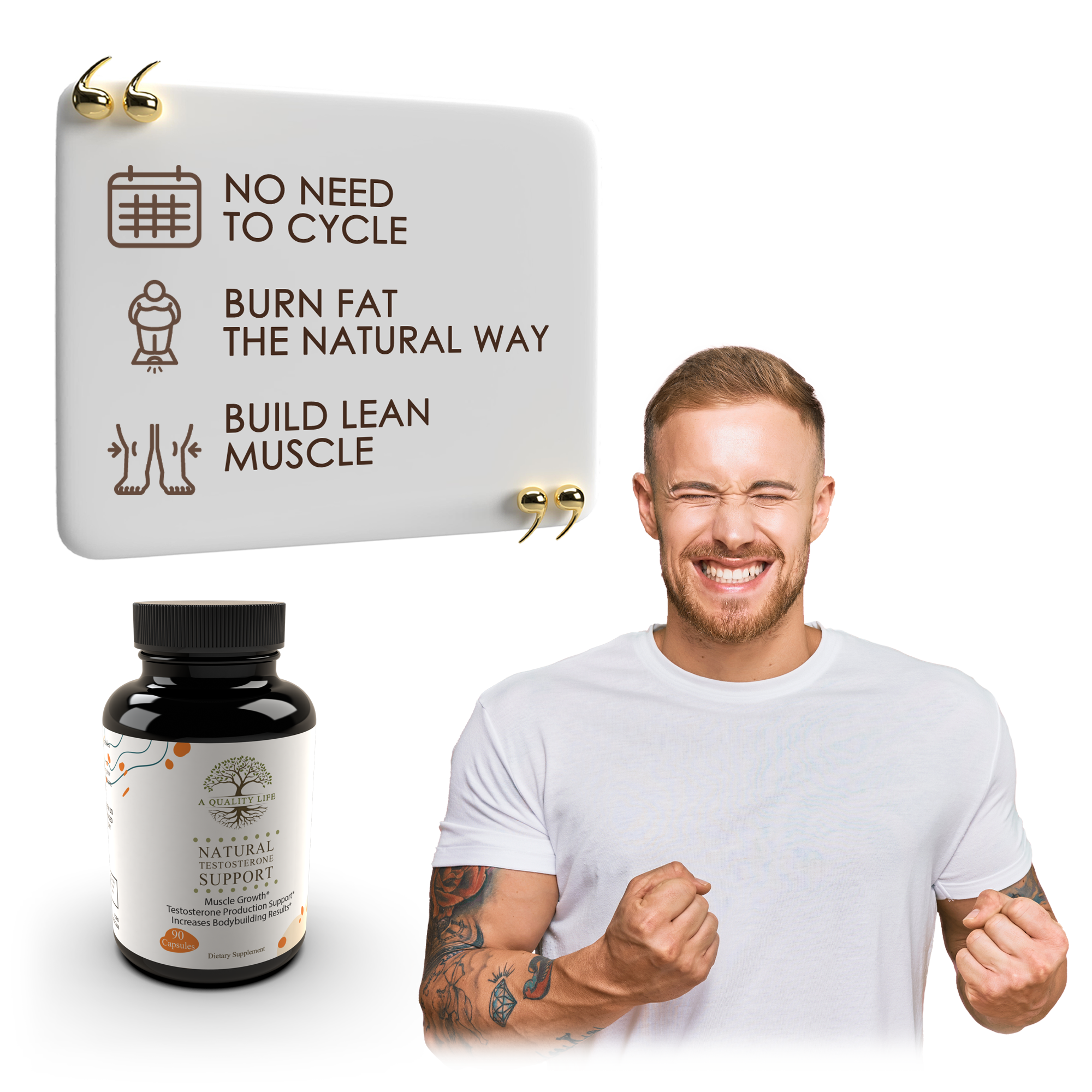 Product packaging with text and a man celebrating on a white background
