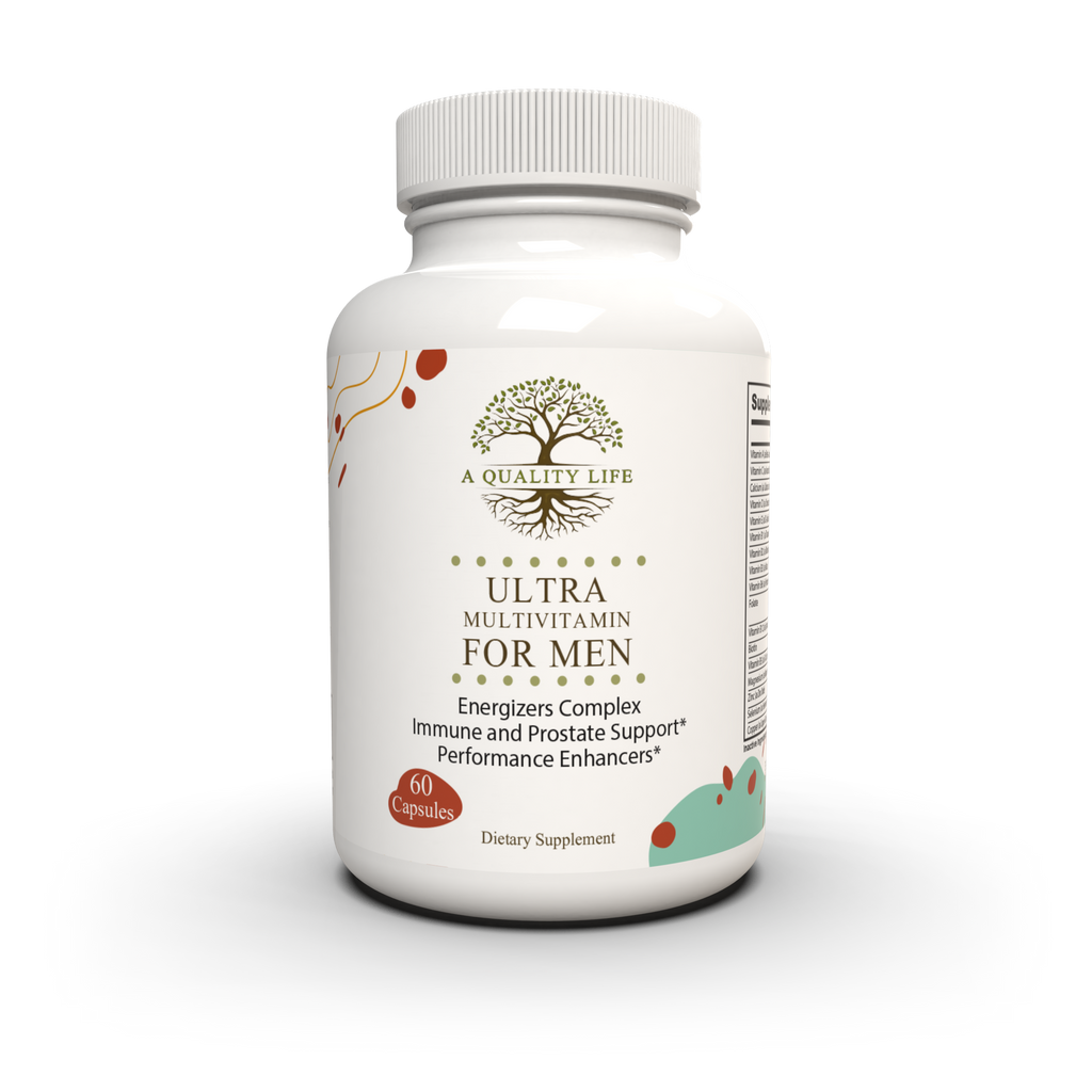 Supplement bottle labeled 'Ultra Multivitamin for Men' on a white background