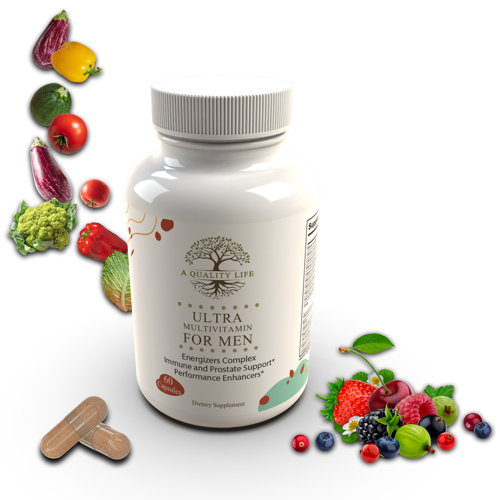 Supplement bottle labeled 'Ultra Multivitamin for Men' with fruits and vegetables on a white background