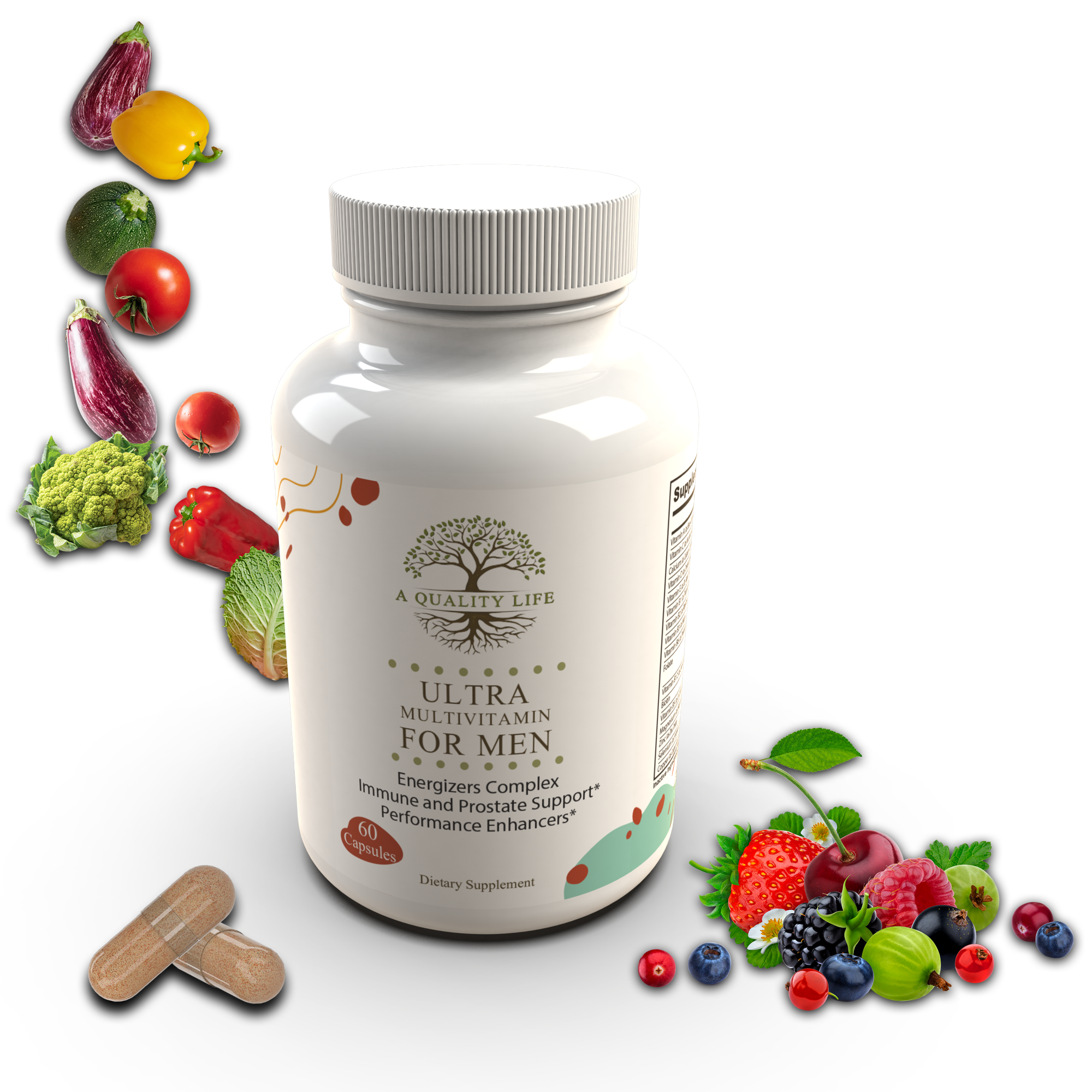 Supplement bottle labeled 'Ultra Multivitamin for Men' with fruits and vegetables on a white background