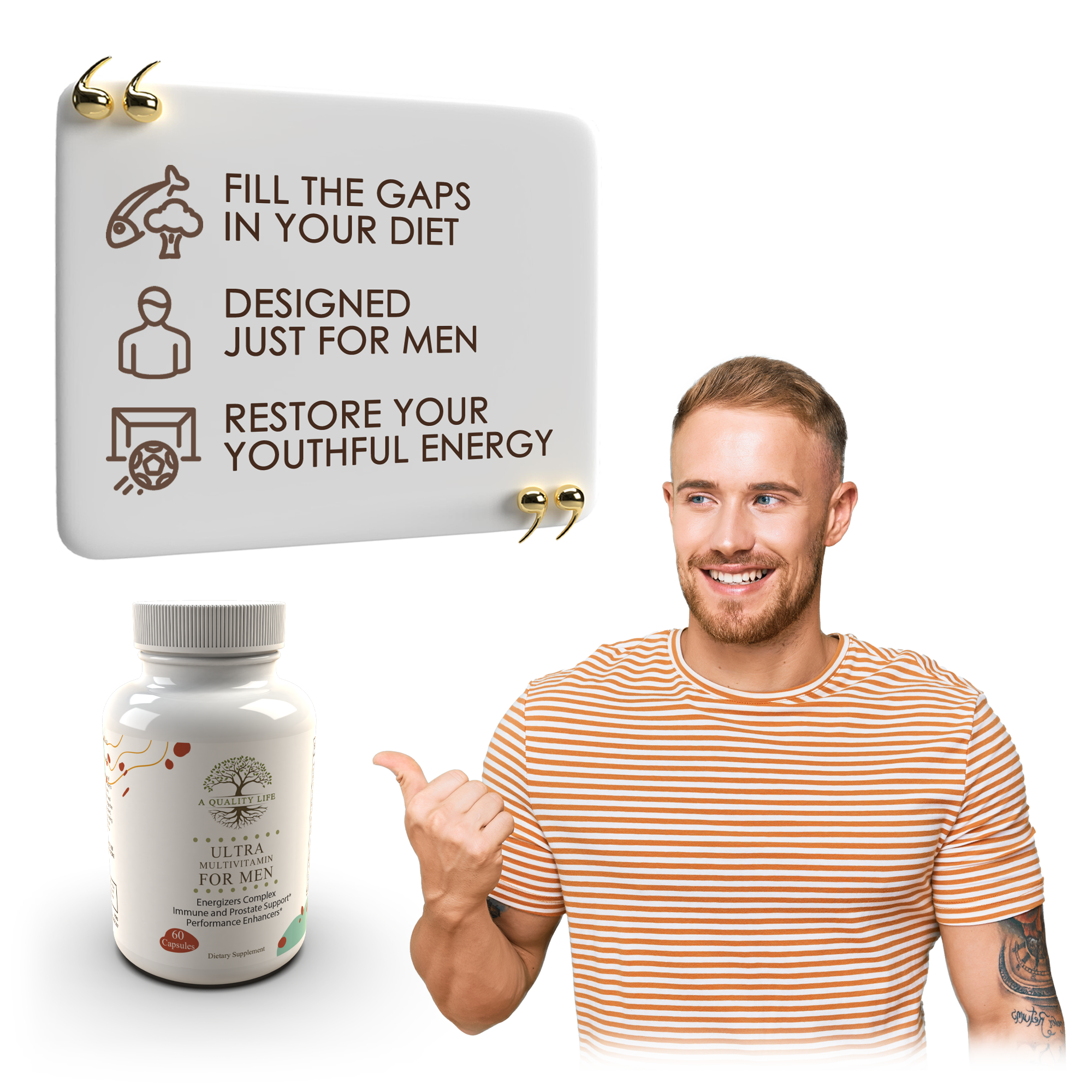 Man pointing to a supplement bottle with text about dietary support for men on a white background