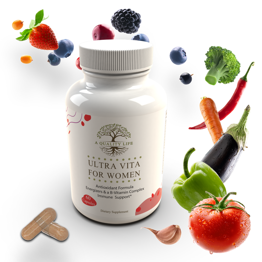 Supplement bottle labeled 'Ultra Vita for Women' surrounded by fruits, vegetables, and capsules on a white background