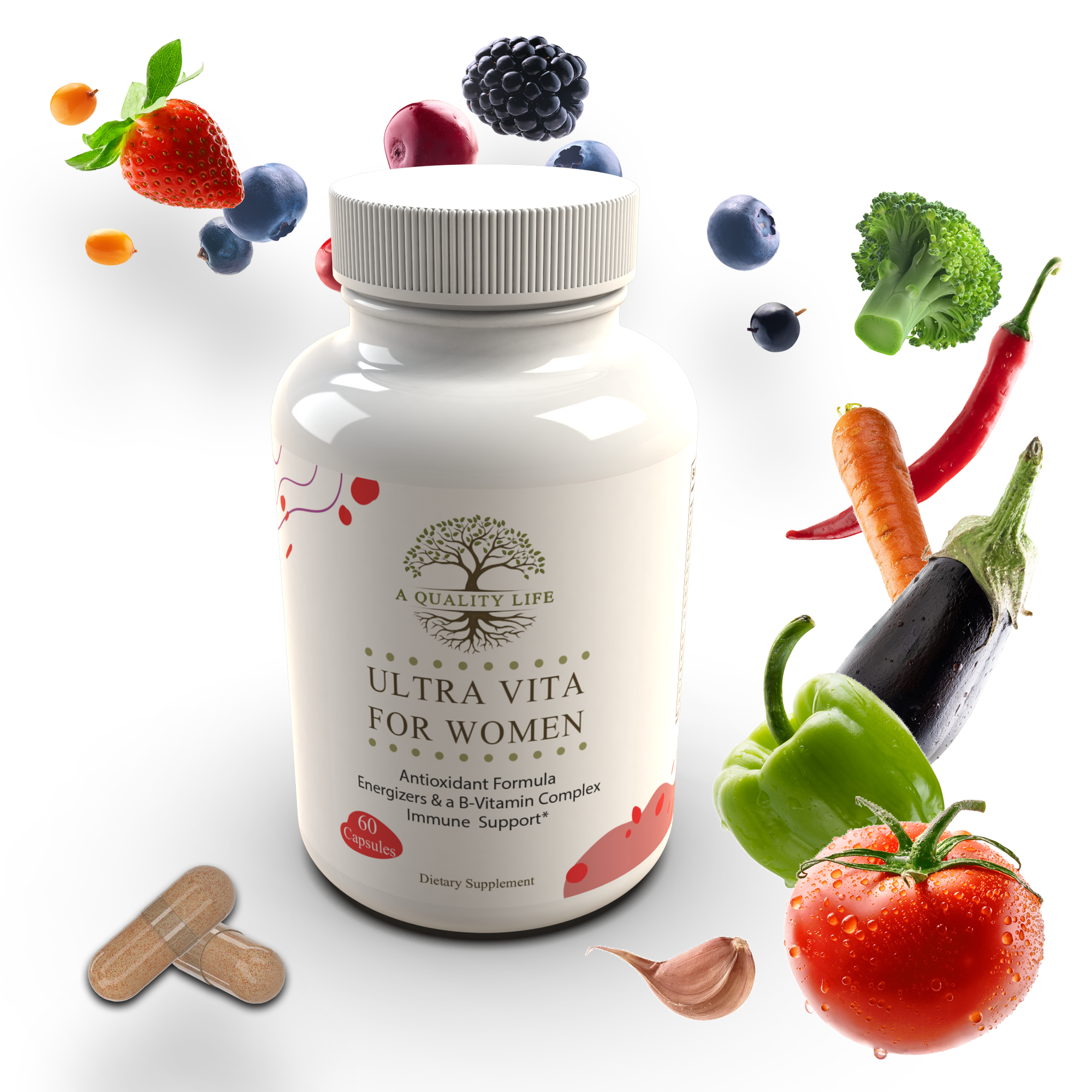 Supplement bottle labeled 'Ultra Vita for Women' surrounded by fruits, vegetables, and capsules on a white background