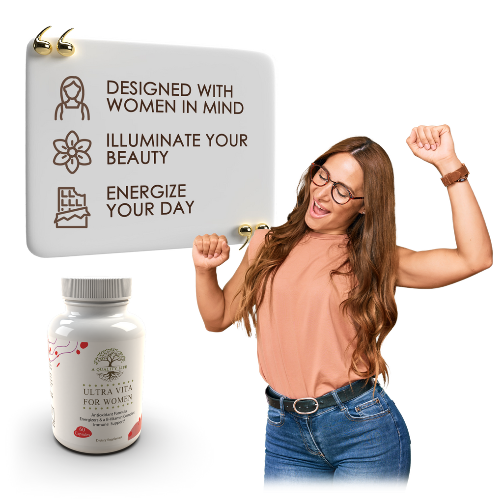 Woman flexing muscles with a product and sign about women's health and energy.